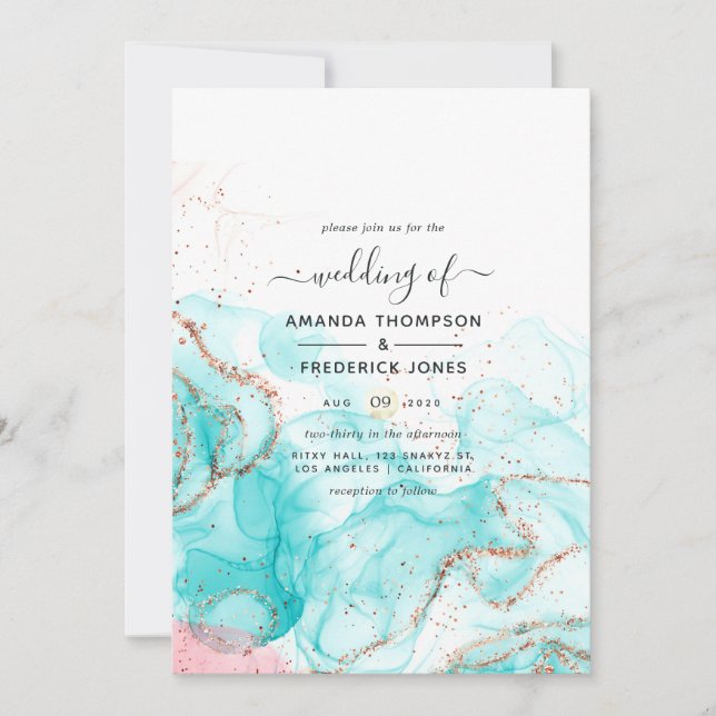 Turquoise, Coral and Gold Alcohol Ink Wedding Invitation (Front)