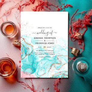 Turquoise, Coral and Gold Alcohol Ink Wedding Invitation