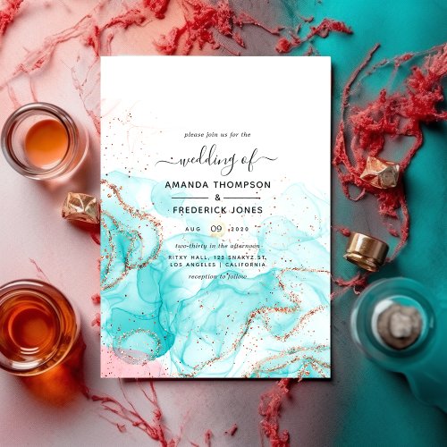 Turquoise Coral and Gold Alcohol Ink Wedding Invitation