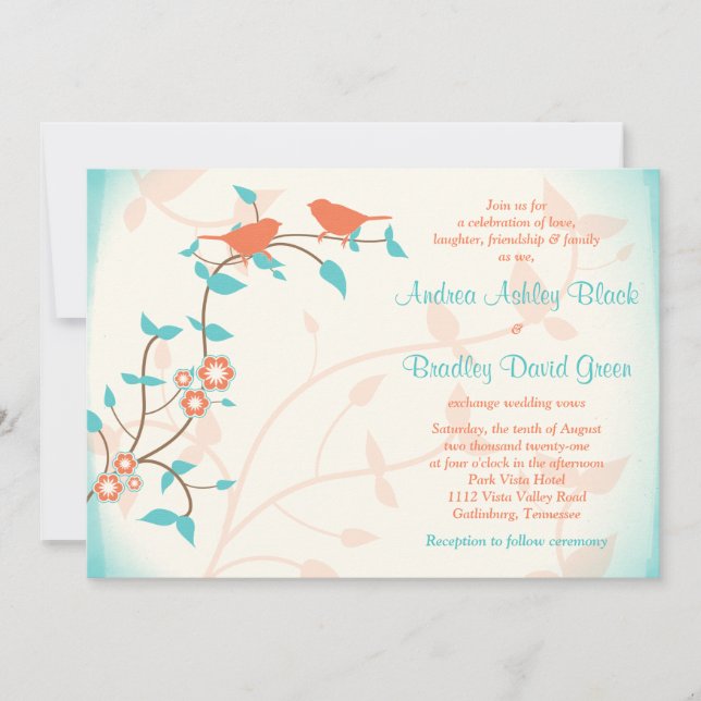 Turquoise Coral Birds Leaves Wedding Invitation (Front)