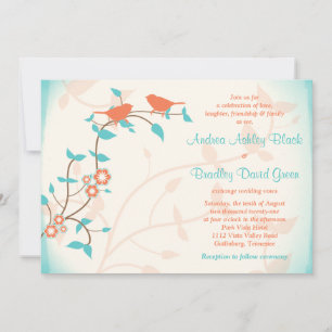 Turquoise Coral Birds Leaves Wedding Invitation