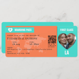 Turquoise & Coral Boarding Pass Wedding Invitation