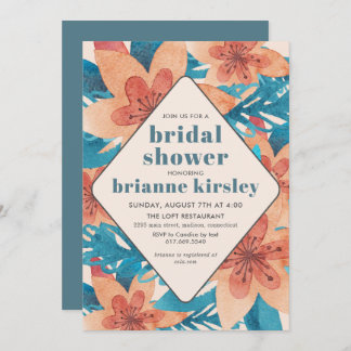 Turquoise Coral Floral Watercolor Bridal Shower Invitation
