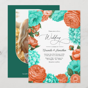 Turquoise & Coral Floral Wedding Invitation
