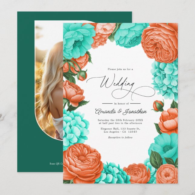 Turquoise & Coral Floral Wedding Invitation (Front/Back)