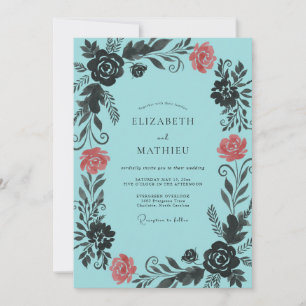 Turquoise Coral Leafy Wedding Invitation