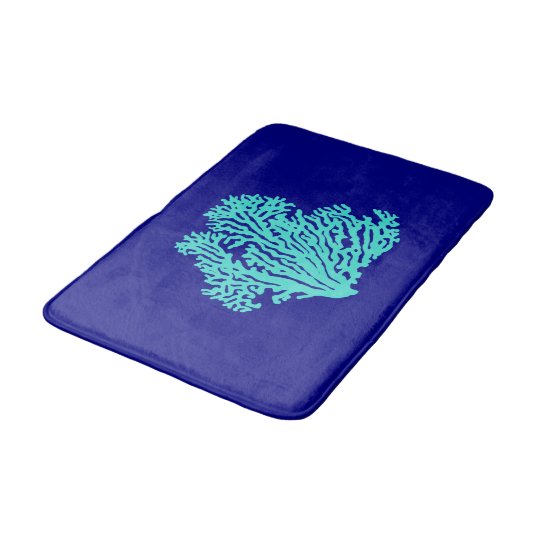 Turquoise Coral On Navy Blue Coastal Decor Bath Mat Zazzle Com