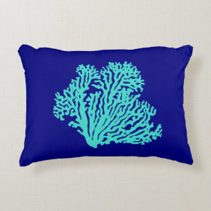 Turquoise Coral On Navy Blue Coastal Decor Decorative Pillow