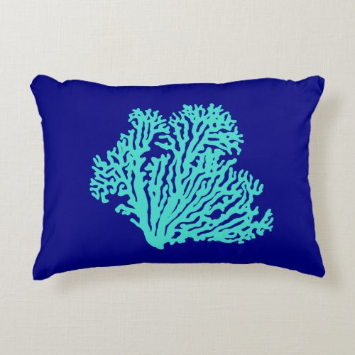 Turquoise Coral On Navy Blue Coastal Decor Decorative Pillow
