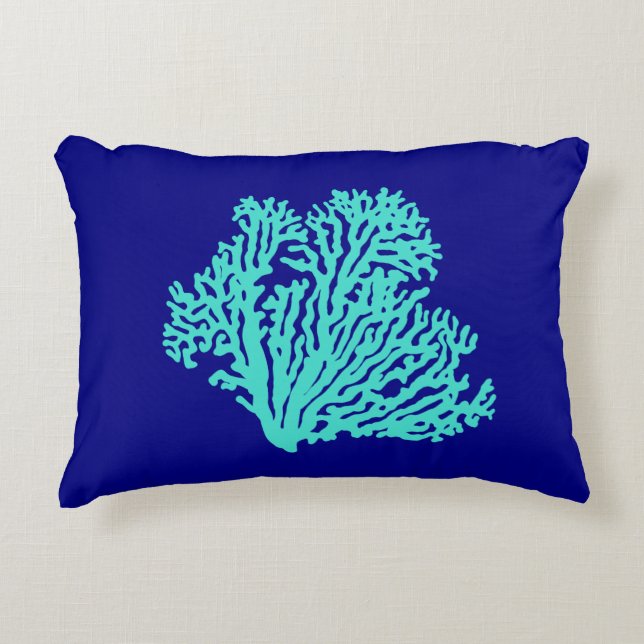 Turquoise Coral On Navy Blue Coastal Decor Decorative Pillow (Front)