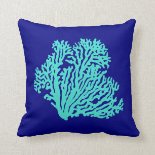 Turquoise Coral On Navy Blue Coastal Decor Throw Pillow