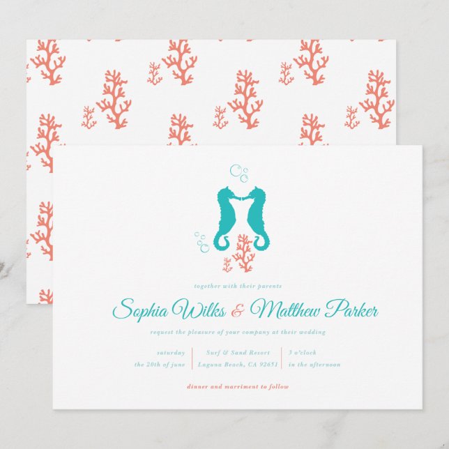 Turquoise Coral Seahorse Wedding Invitation (Front/Back)