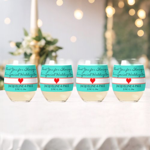 Turquoise Coral Wedding Favors Monogram Red Heart Stemless Wine Glass