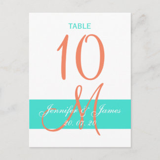 Turquoise Coral Wedding Table Number Postcard