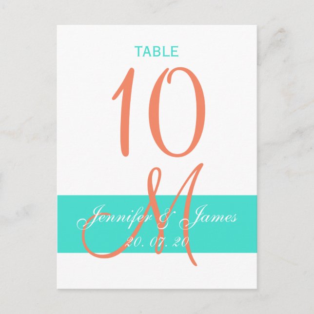Turquoise Coral Wedding Table Number Postcard (Front)