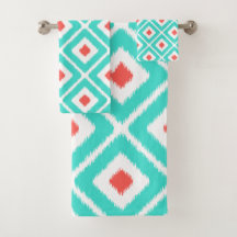 Turquoise, Coral, White Ikat Diamond Pattern