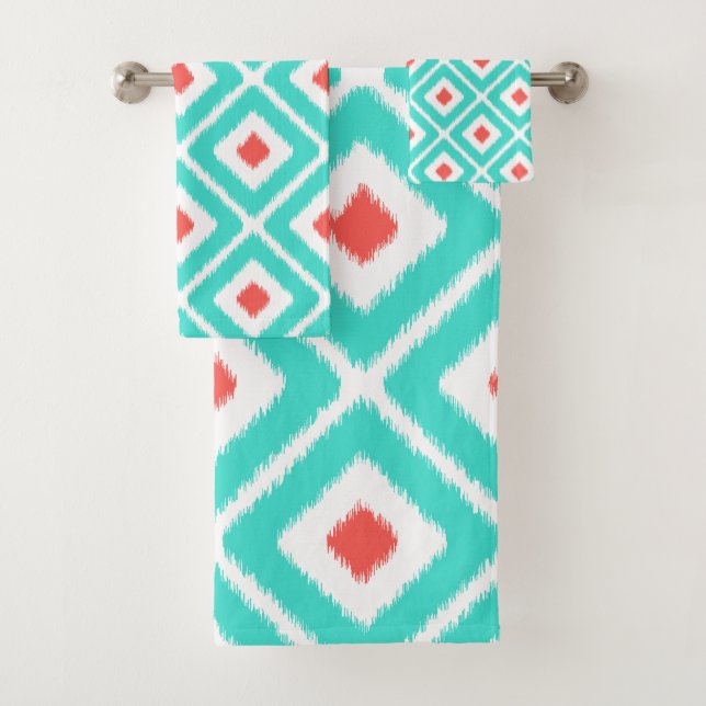 Turquoise, Coral, White Ikat Diamond Pattern Bath Towel Set (Insitu)