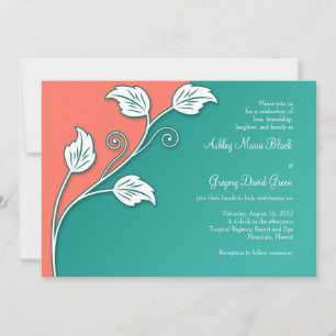 Turquoise, Coral White Leafy Vine Wedding Invitation
