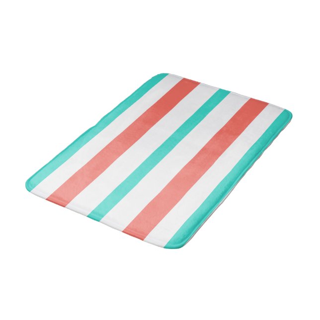 Turquoise Coral White Summer Stripes Bath Mat (Angled)