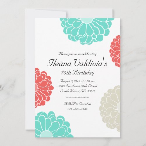 Turquoise Coral Zinnia Flower Birthday Invitation