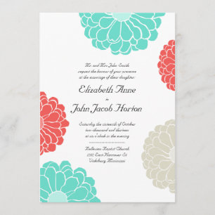 Turquoise & Coral Zinnia Flower Wedding Invitation
