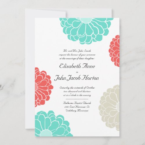 Turquoise &amp; Coral Zinnia Flower Wedding Invitation