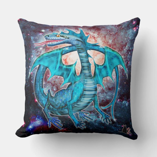 Turquoise Cosmic Dragon Throw Pillow (Front)