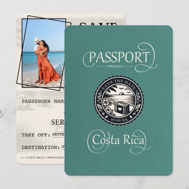 Turquoise Costa Rica Passport Save The Date (Front/Back)