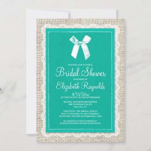 Turquoise Country Burlap Bridal Shower Invitations