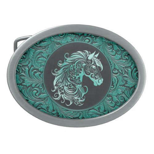 Turquoise cowgirl floral tooled leather horse head belt buckle