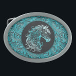 Turquoise cowgirl floral tooled leather horse head belt buckle<br><div class="desc">Turquoise blue cowgirl floral tooled leather design with a floral horse head,  western style leather design. Available in more colors. For horse lovers,  equestrians.</div>