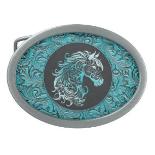 Turquoise cowgirl floral tooled leather horse head belt buckle