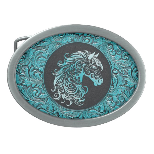 Turquoise cowgirl floral tooled leather horse head belt buckle (Front)