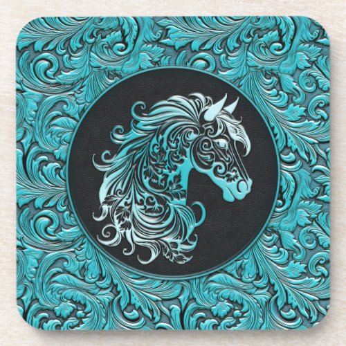 Turquoise cowgirl floral tooled leather horse head beverage coaster