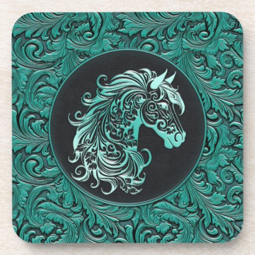 Turquoise cowgirl floral tooled leather horse head beverage coaster