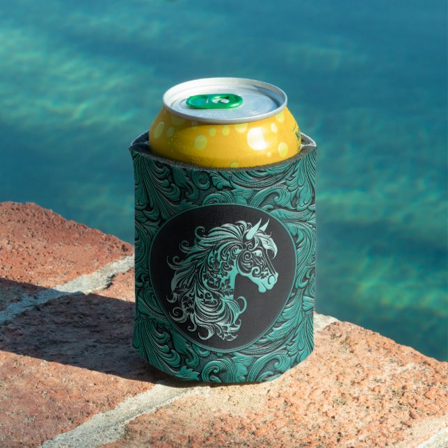 Turquoise cowgirl floral tooled leather horse head can cooler (In Situ Pool)