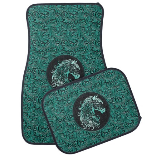Turquoise cowgirl floral tooled leather horse head car floor mat