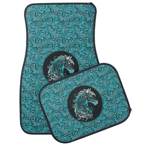 Turquoise cowgirl floral tooled leather horse head car floor mat