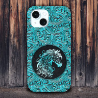 Turquoise cowgirl floral tooled leather horse head