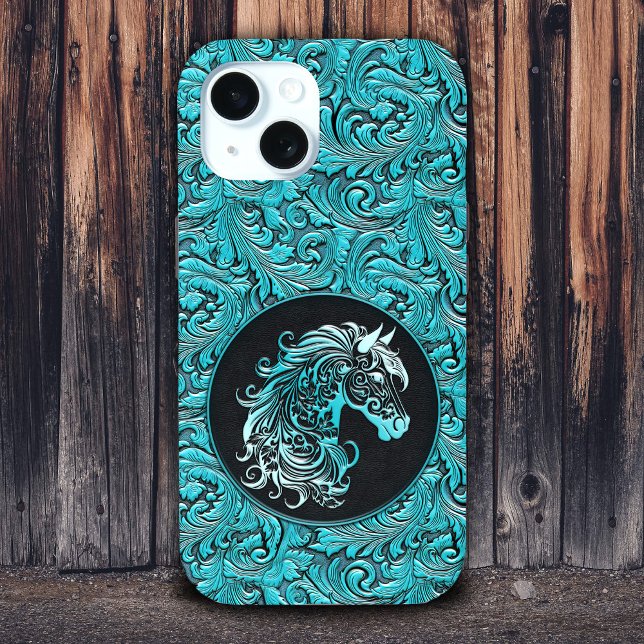 Turquoise cowgirl floral tooled leather horse head Case-Mate iPhone case (Turquoise cowgirl floral tooled leather horse head Case-Mate iPhone case)