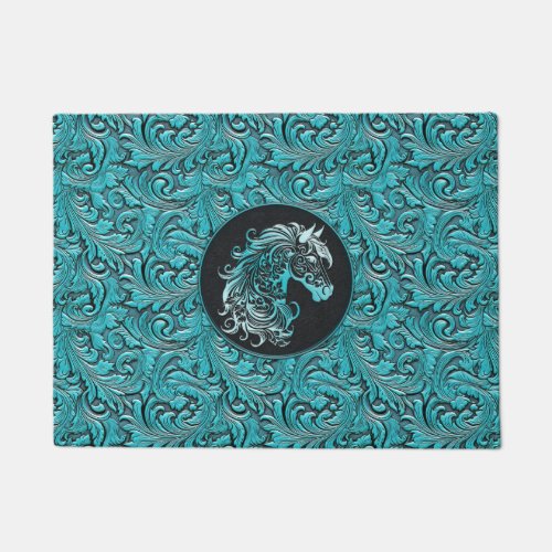 Turquoise cowgirl floral tooled leather horse head doormat