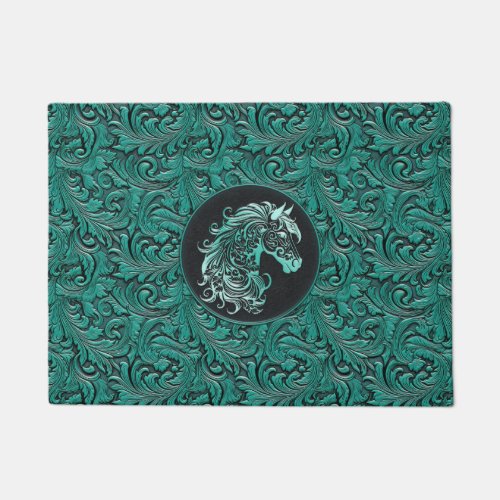 Turquoise cowgirl floral tooled leather horse head doormat