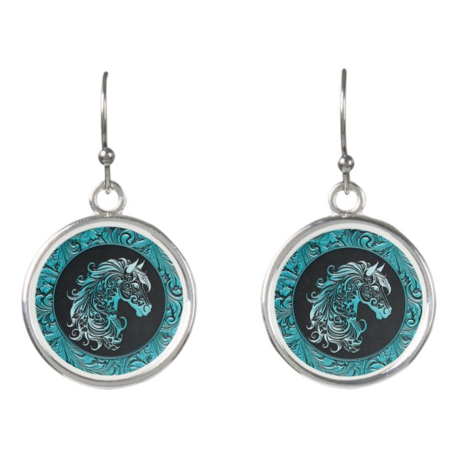 Turquoise cowgirl floral tooled leather horse head earrings (Front)
