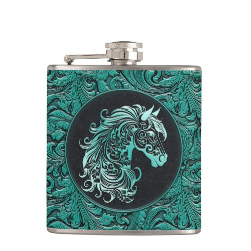 Turquoise cowgirl floral tooled leather horse head flask