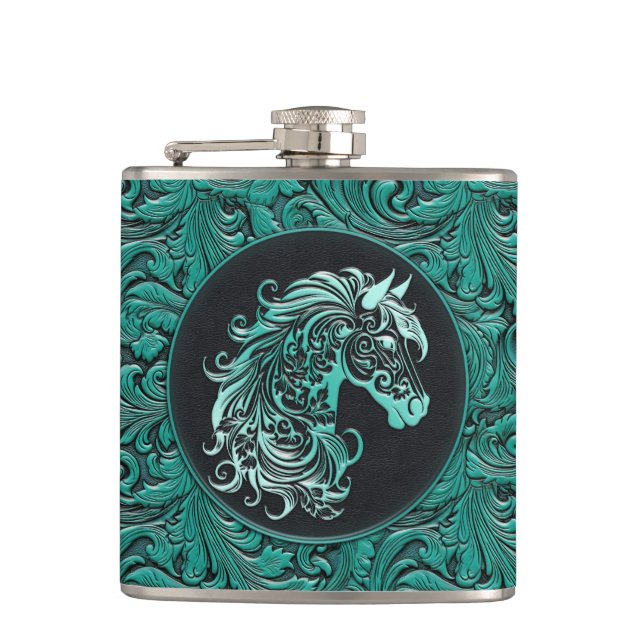 Turquoise cowgirl floral tooled leather horse head flask (Front)