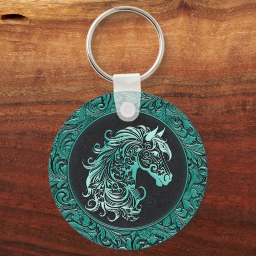 Turquoise cowgirl floral tooled leather horse head keychain