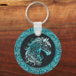 Turquoise cowgirl floral tooled leather horse head keychain<br><div class="desc">Turquoise blue cowgirl floral tooled leather design with a floral horse head,  western style leather design. Available in more colors. For horse lovers,  equestrians.</div>