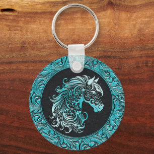 Turquoise cowgirl floral tooled leather horse head keychain