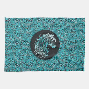 Turquoise cowgirl floral tooled leather horse head kitchen towel