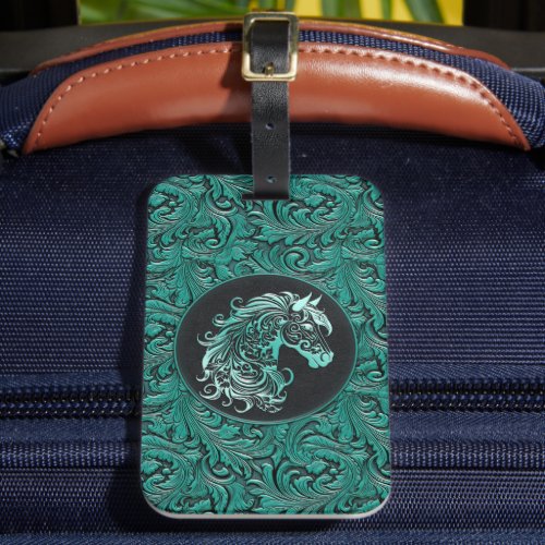 Turquoise cowgirl floral tooled leather horse head luggage tag